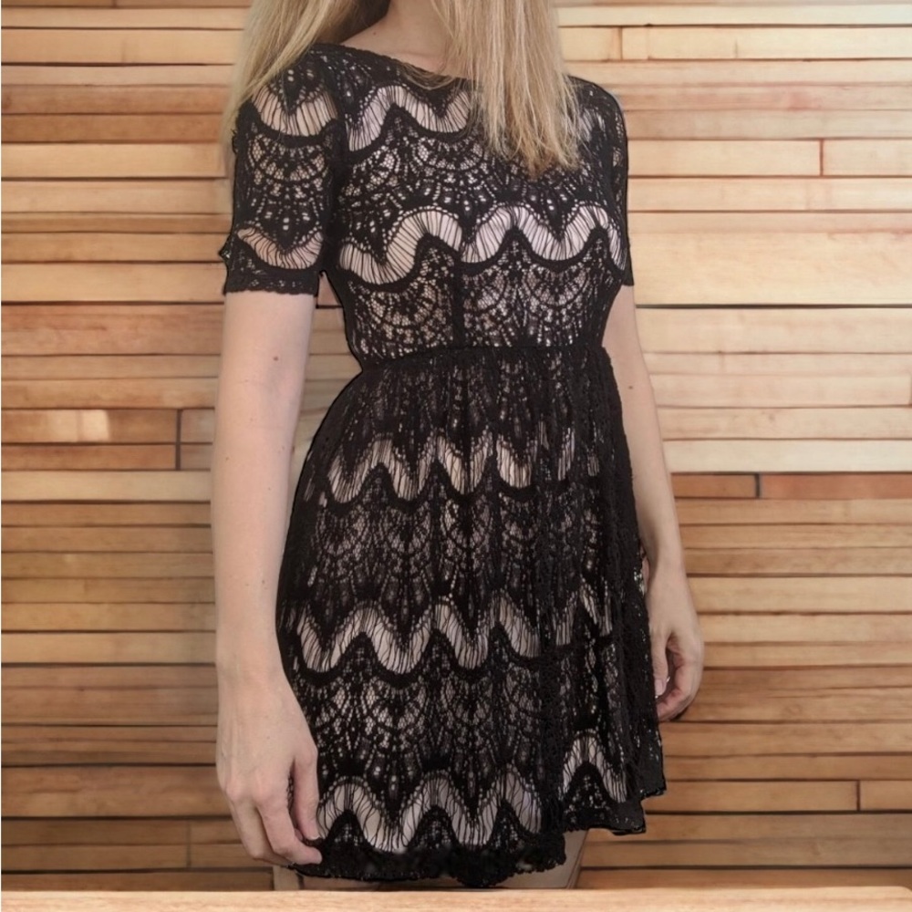 Black Lace Sheer Illusion Micro Mini Dress XS